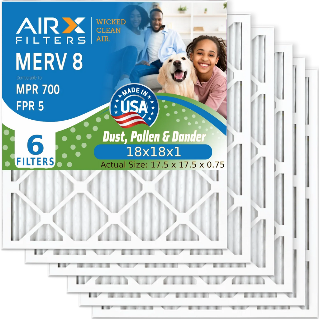 18x18x1 Air Filter MERV 8 Comparable to MPR 700 & FPR 5 Electrostatic Pleated Air Conditioner Filter 6 Pack HVAC AC Premium USA Made 18x18x1 Furnace Filters by AIRX FILTERS WICKED CLEAN AIR.