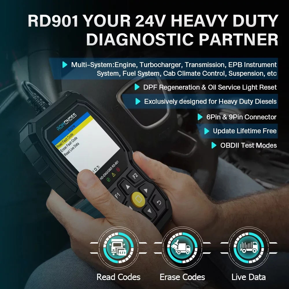 Romondes RD901 Heavy Duty Truck Scanner EOBD OBD2 Scan Tool HD OBD Diesel Scanner All System Diagnostic Tool with DPF Oil Light Reset HD Heavy Duty Truck OBD Car  2 in 1 Code Reader
