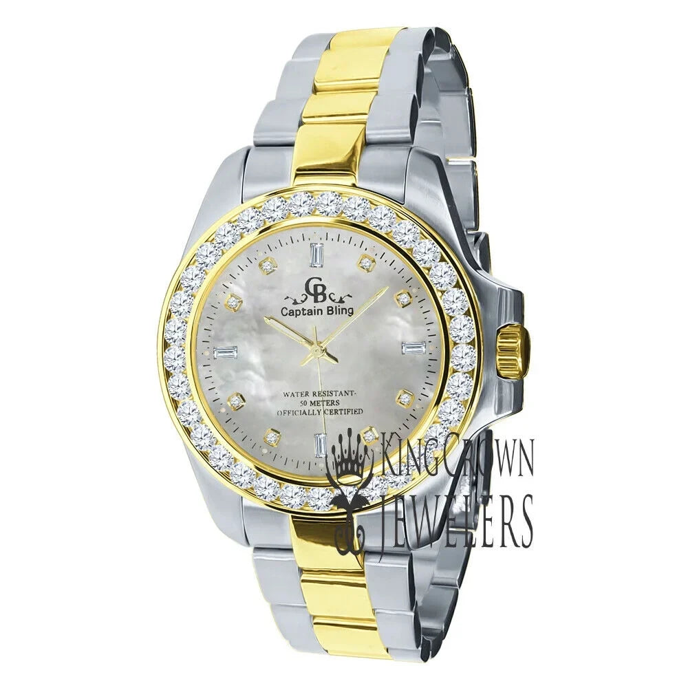 Mother Of Pearl Dial 2 Tone Solid Stainless Steel SimuLatitudeed Diamonds 18K Gold Finish Mens Watch