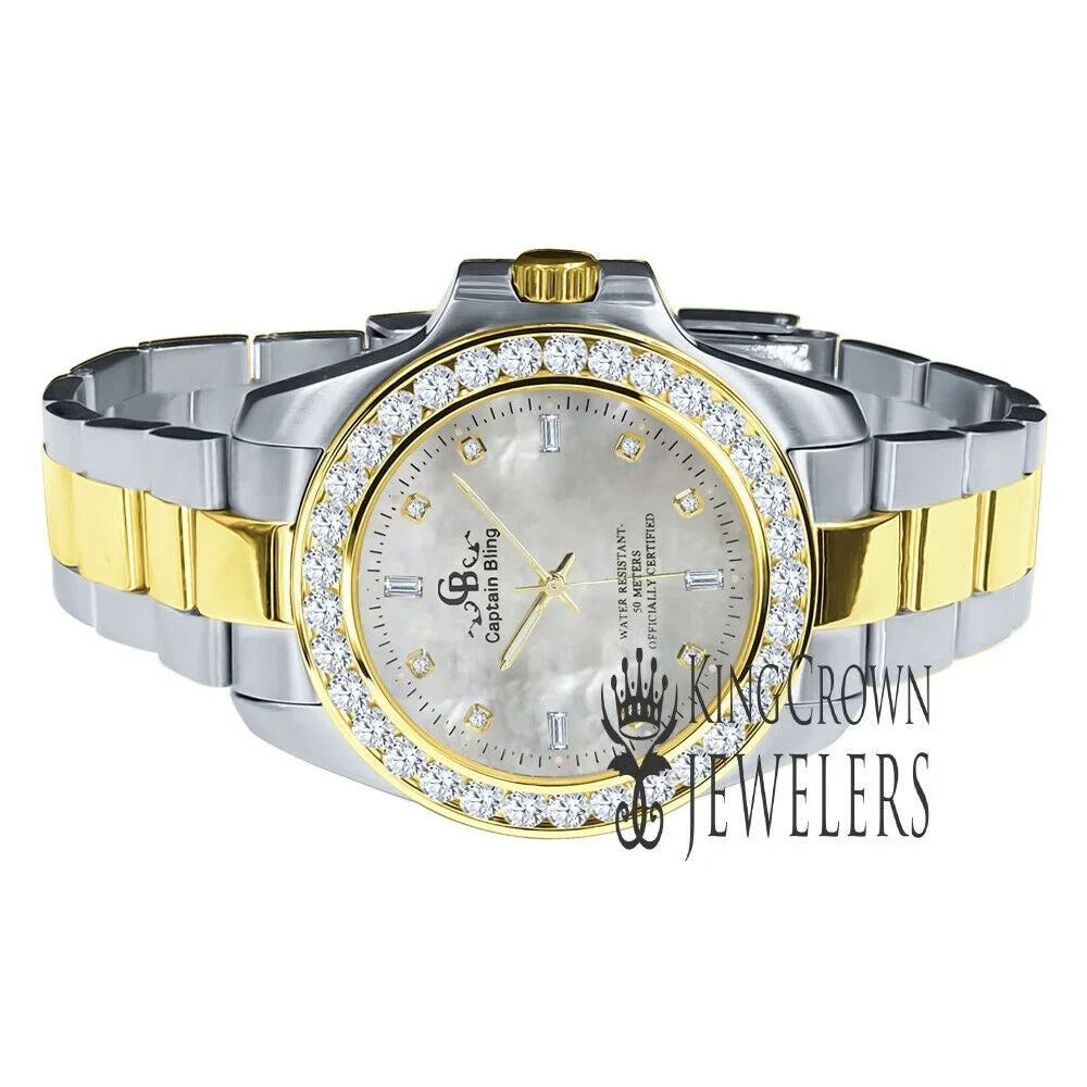 Mother Of Pearl Dial 2 Tone Solid Stainless Steel SimuLatitudeed Diamonds 18K Gold Finish Mens Watch