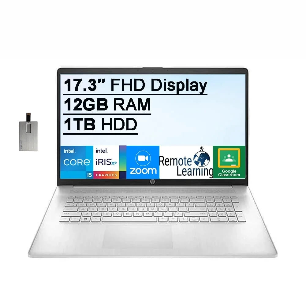 2021  17.3" FHD IPS 250 Nits Laptop Computer, 11th Gen Intel Core i5-1155G7 Processor, 12GB RAM, 1TB HDD, Backlit Keyboard, Intel Iris Xe Graphics, HD Webcam, HD Audio, Win 11, Silver, 32GB USB Card