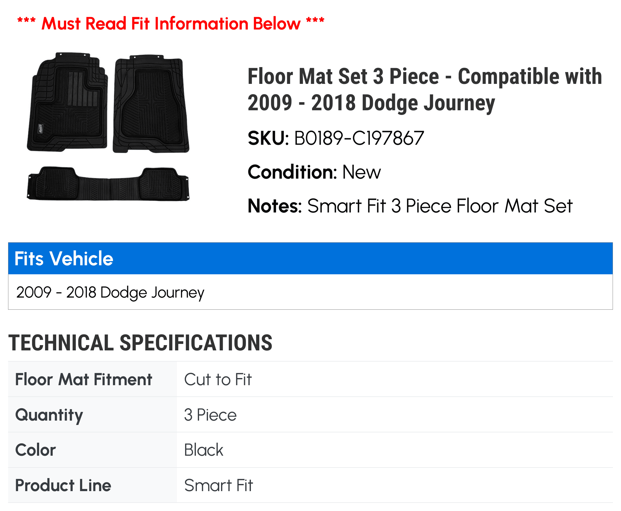 Floor Mat Set 3 Piece - Compatible with 2009 - 2018 Dodge Journey 2010 2011 2012 2013 2014 2015 2016 2017