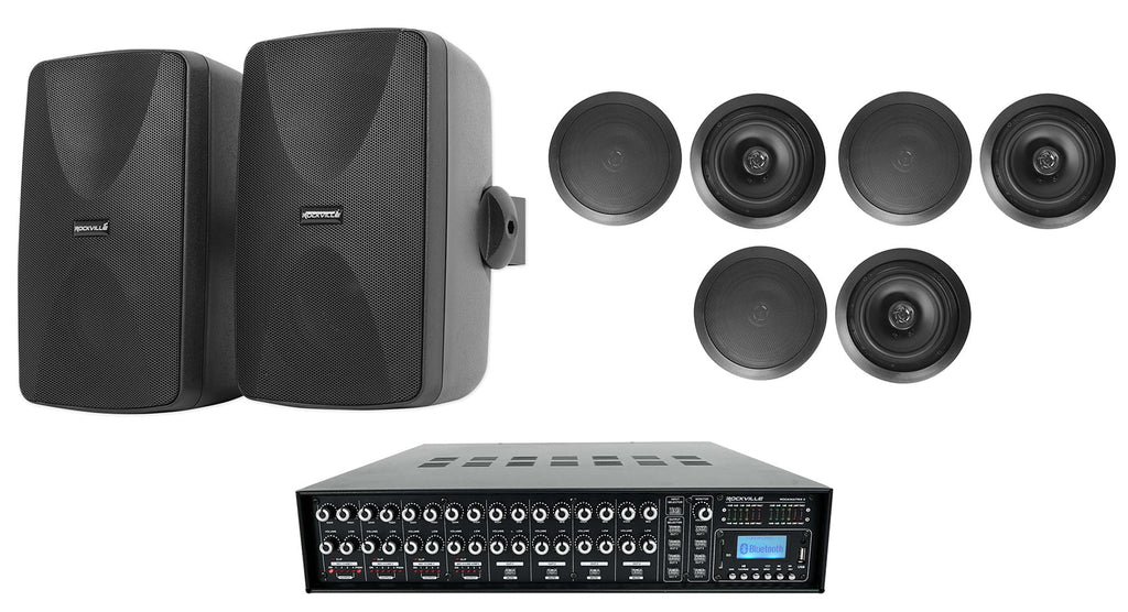 Rockville ROCK MATRIX Multi Room Home Receiver+6) Ceiling+2) Black Wall Speakers