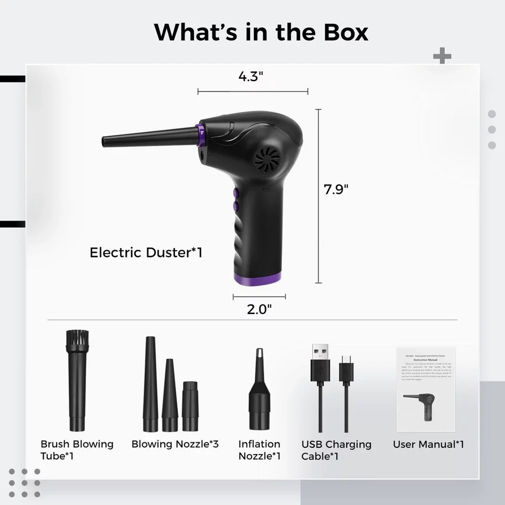 Electric Air Duster, 50000 RPM Strong Power Motor Dust Blower, Compressed Air Duster with 5 Nozzle Tubes, 2-Speed Electric Dust Remover with LED Light for Computer Keyboards