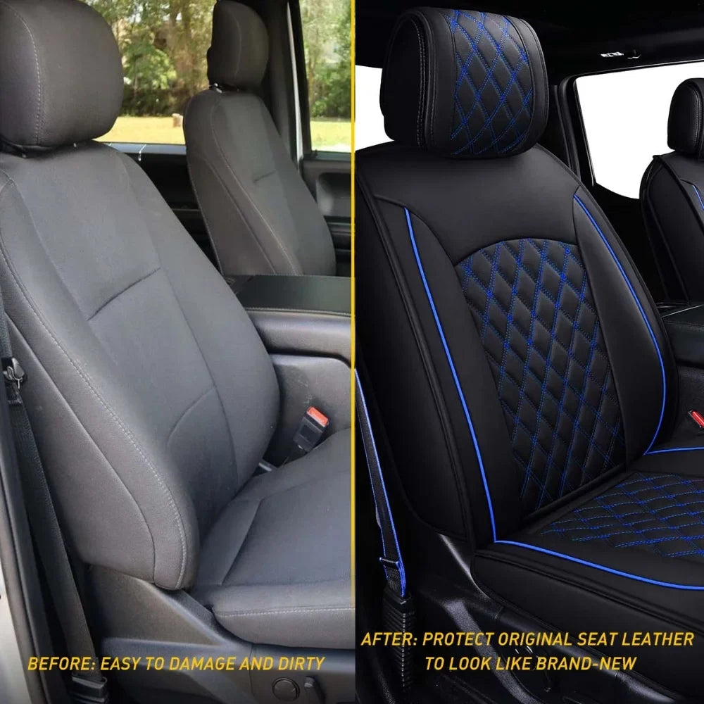 Car Seat Covers Full Set with Waterproof Leather Fit for 2009 to 2023 Ford F150 and 2017 to 2023 F250 F350 F450,Double,Extended Cab or Pickup Truck(Full Set, Black-Blue)