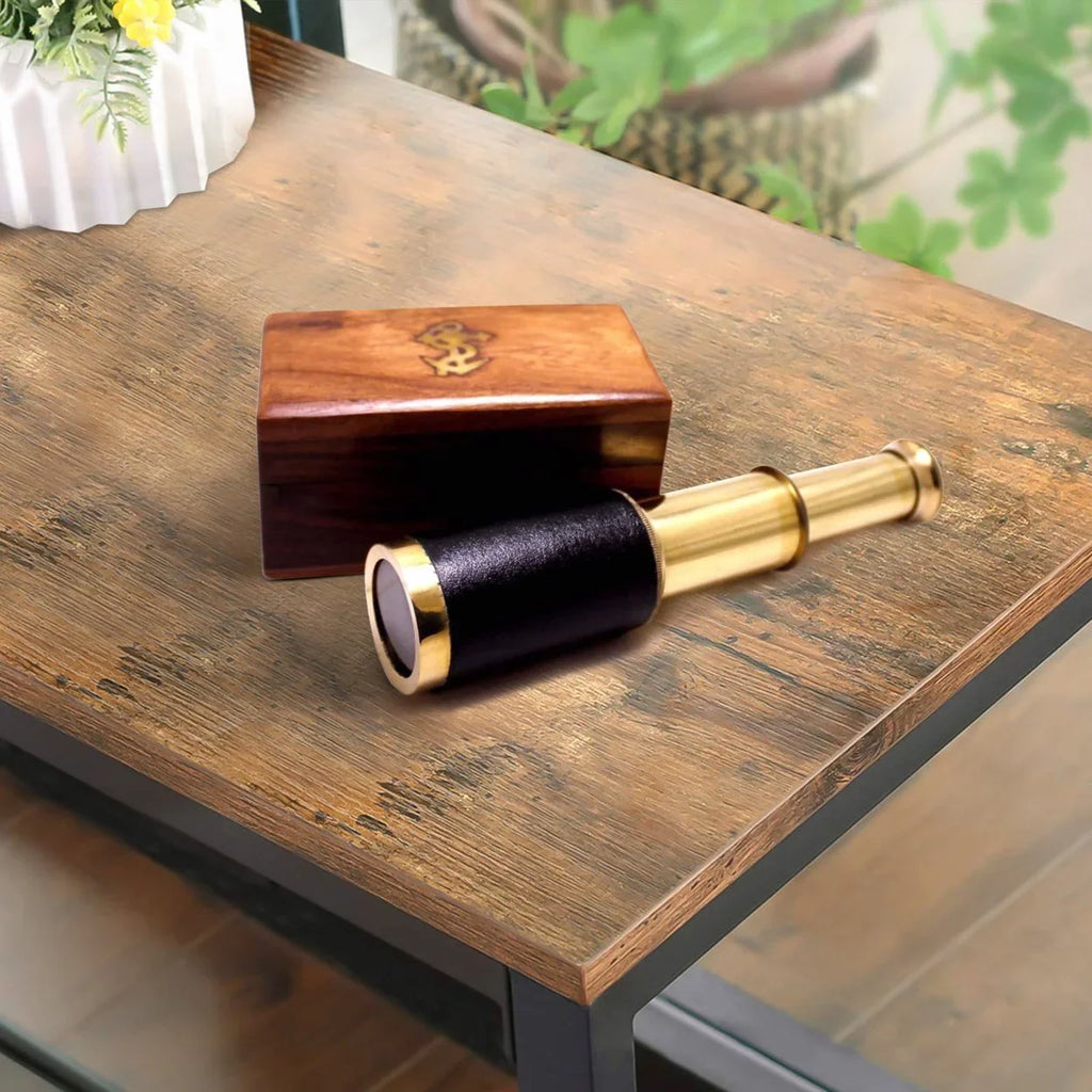 Small Brass Telescope with Pullout Wooden Box Gold and Brown - Saltoro Sherpi