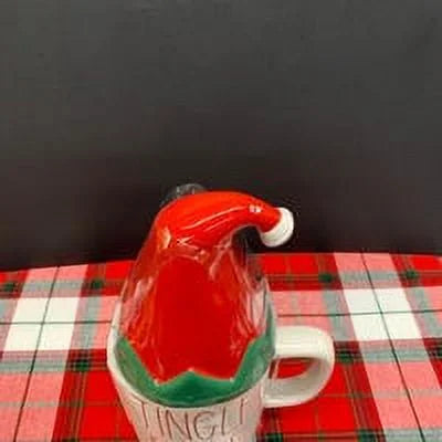 Rae Dunn JINGLE BELLS Ceramic Mug in Ivory with Red LL Letter and Red Green Cap Topper Christmas