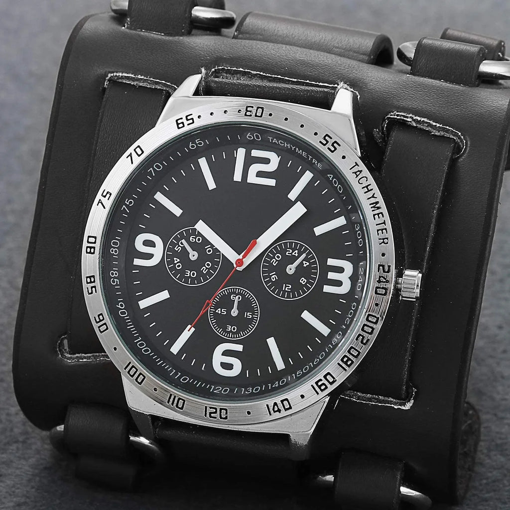 Mens Steampunk Retro Genuine Leather Replaceable Watch Military Japan Quartz Hip-hop Gothic Wide Bracelet Cuff Big Black Dial Sport Wrist Watches Costume Watch for Halloween