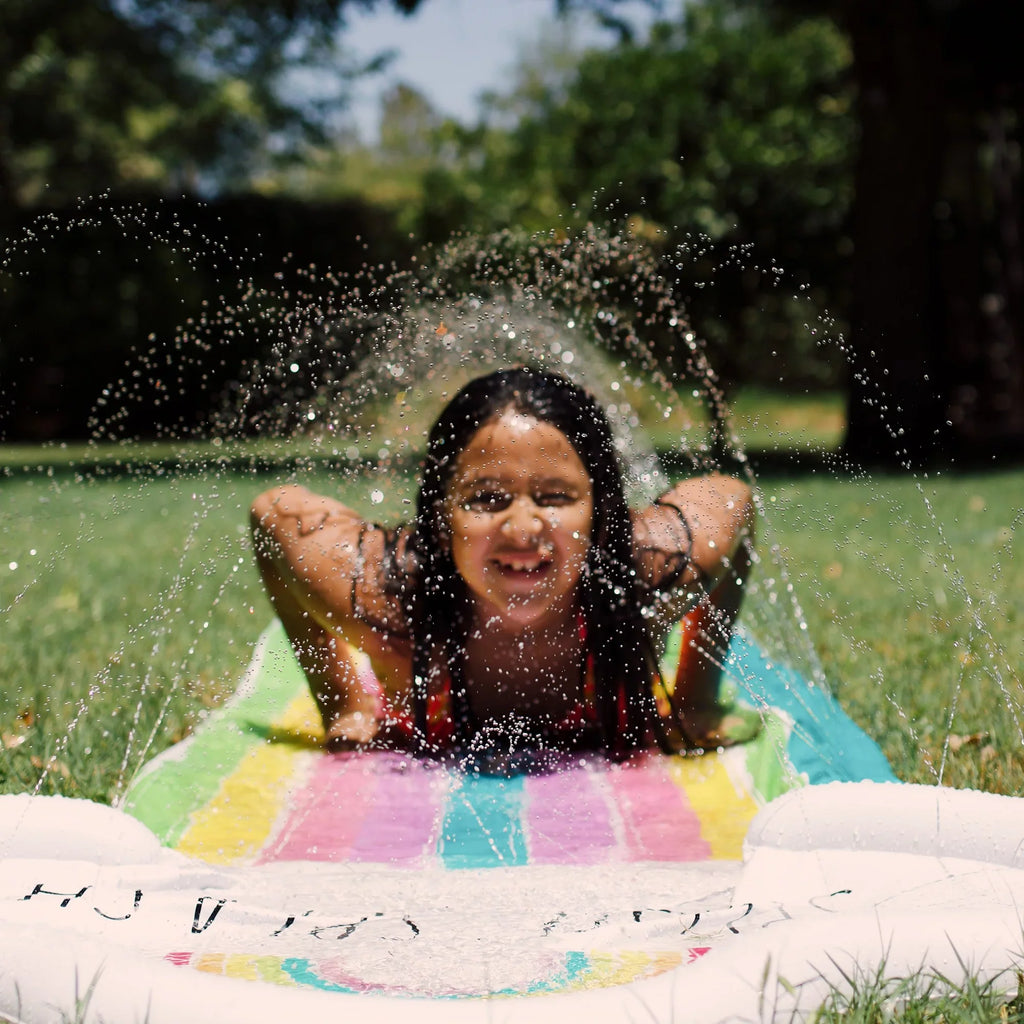 Rae Dunn: Splish Splash Rainbow Slide & Ride -16 Foot Water Slide Sprinkler, CocoNut Float, Durable Sliding Mat, Age 5+
