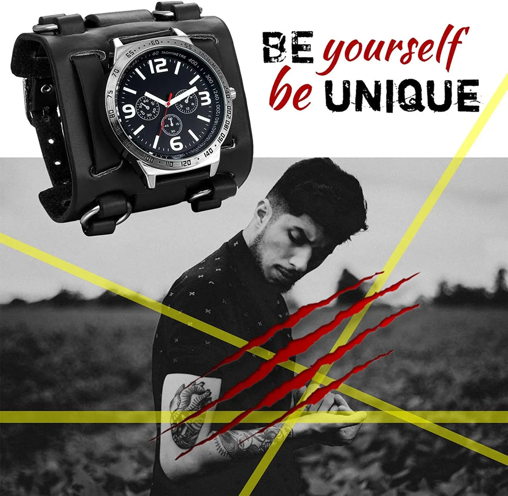 Mens Steampunk Retro Genuine Leather Replaceable Watch Military Japan Quartz Hip-hop Gothic Wide Bracelet Cuff Big Black Dial Sport Wrist Watches Costume Watch for Halloween