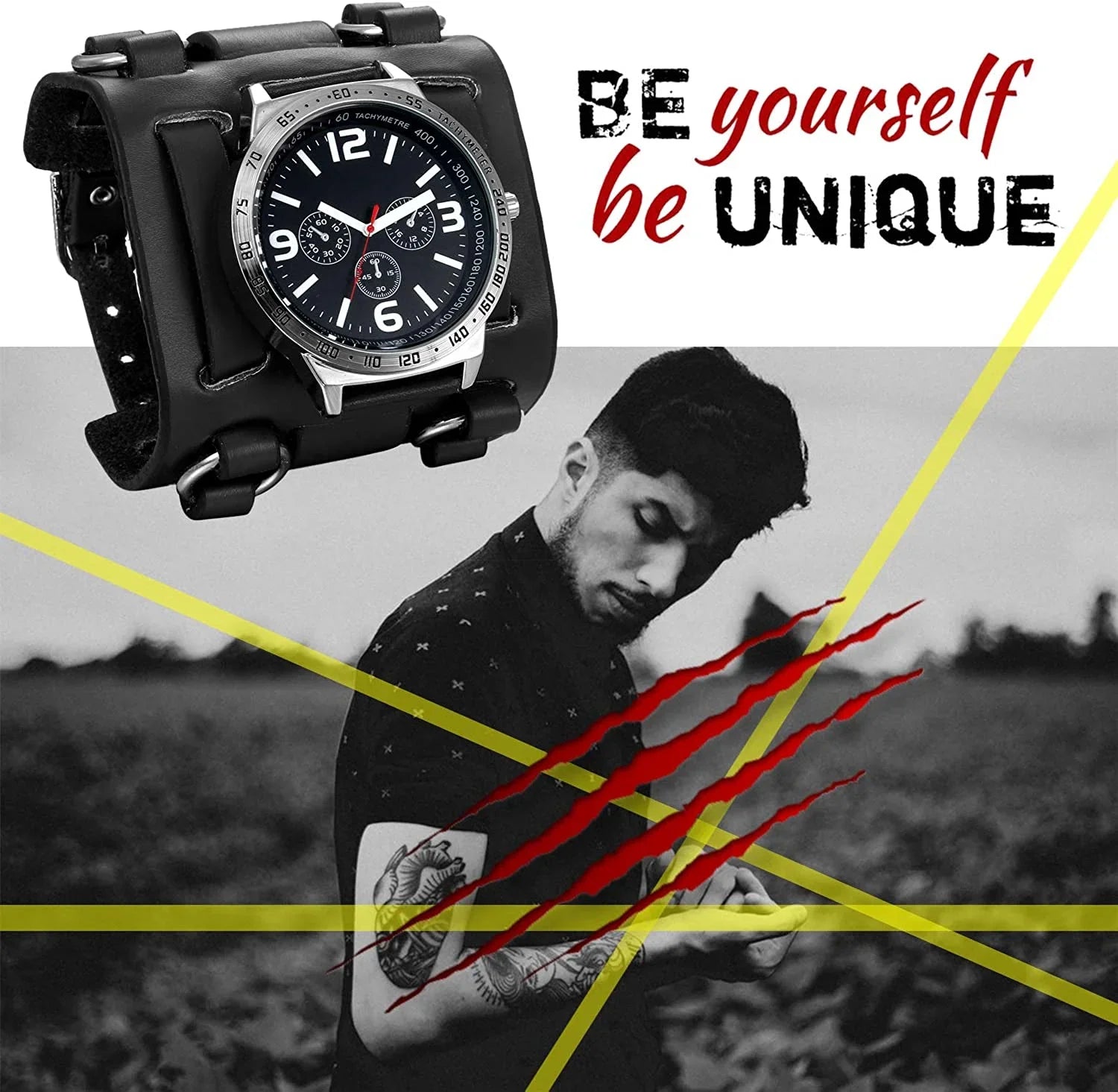 Mens Steampunk Retro Genuine Leather Replaceable Watch Military Japan Quartz Hip-hop Gothic Wide Bracelet Cuff Big Black Dial Sport Wrist Watches Costume Watch for Halloween