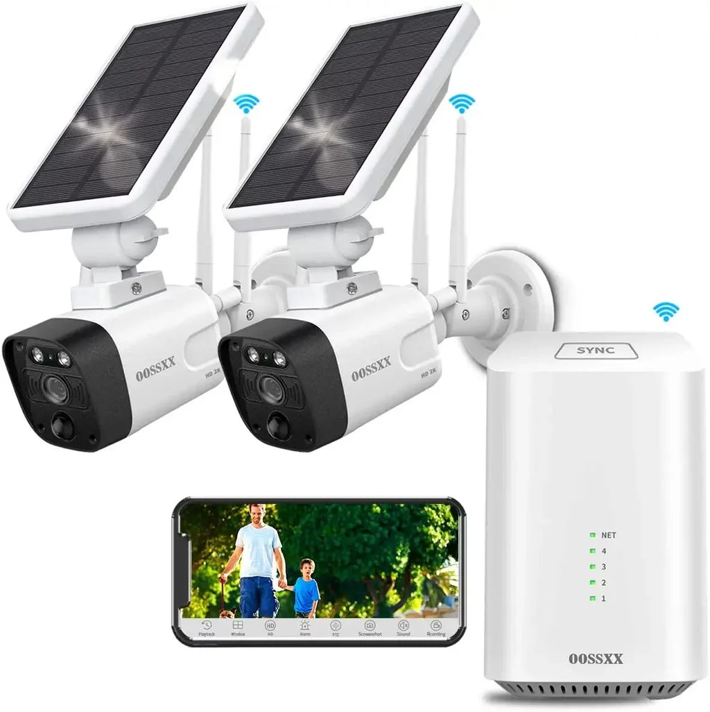 {100% Wire-Free Solar Powered} 2pcs camera system, 2-Way Audio with Dual Antennas, 2K 3.0MP Solar Powered Wireless Camera with Rechargeable Batteries