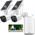 {100% Wire-Free Solar Powered} 2pcs camera system, 2-Way Audio with Dual Antennas, 2K 3.0MP Solar Powered Wireless Camera with Rechargeable Batteries