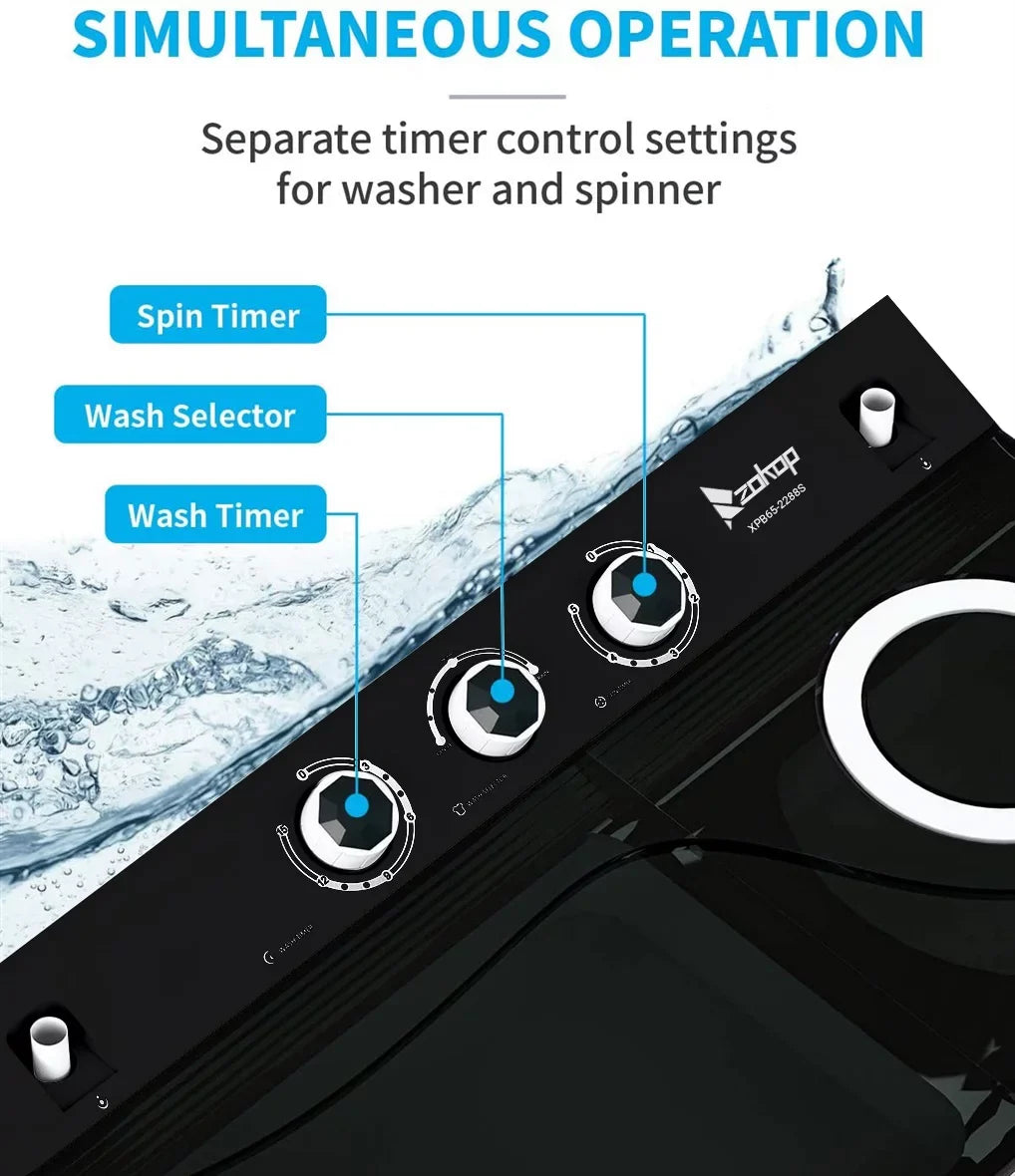 BMTBUY Twin Tub with Built-in Drain Pump XPB65-2288S 26Lbs Semi-automatic Twin Tube Washing Machine for Apartment, Dorms, RVs, Camping and More, White&Black