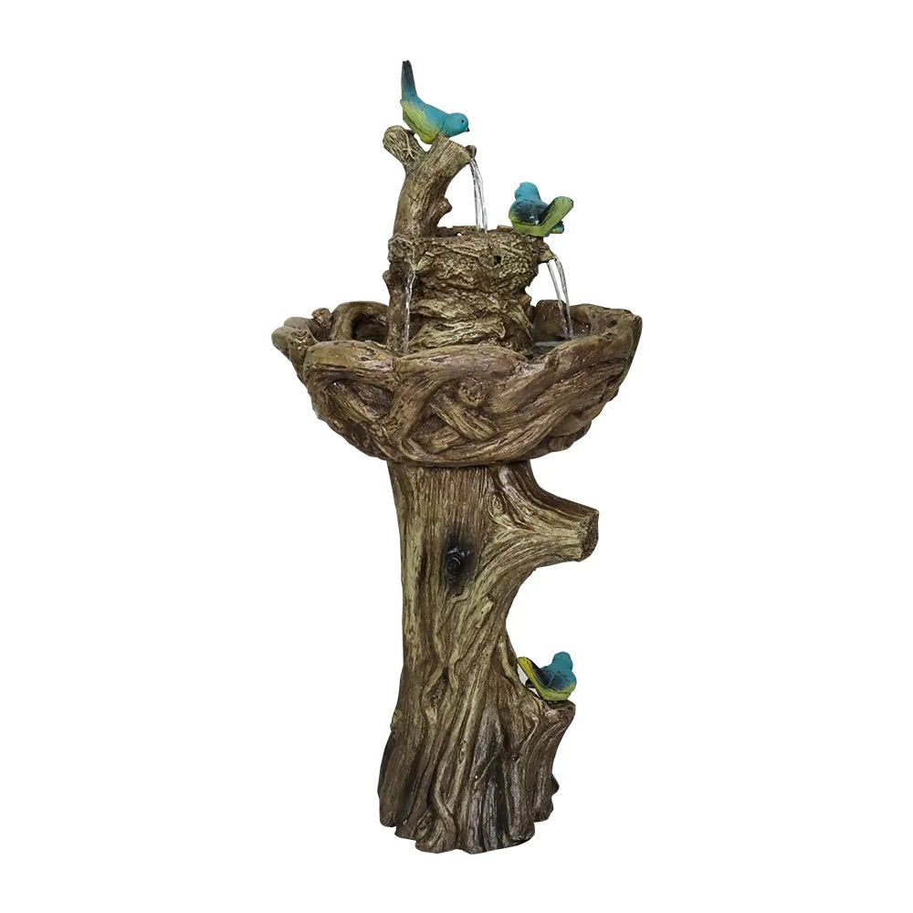 3-Tier Outdoor Water Fountain Bird Bath Patio Fountain Outdoor Stump Like Waterfall Fountain with Birds Decor Freestanding Patio Water Fountain Pump for Garden Yard Patio Porch