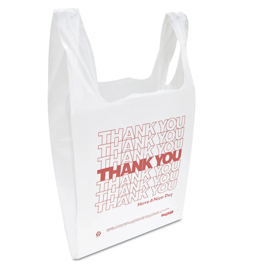 Inteplast Group "Thank You" Handled T-Shirt Bags, 11 1/2 x 21, Polyethylene, White, 900/Carton