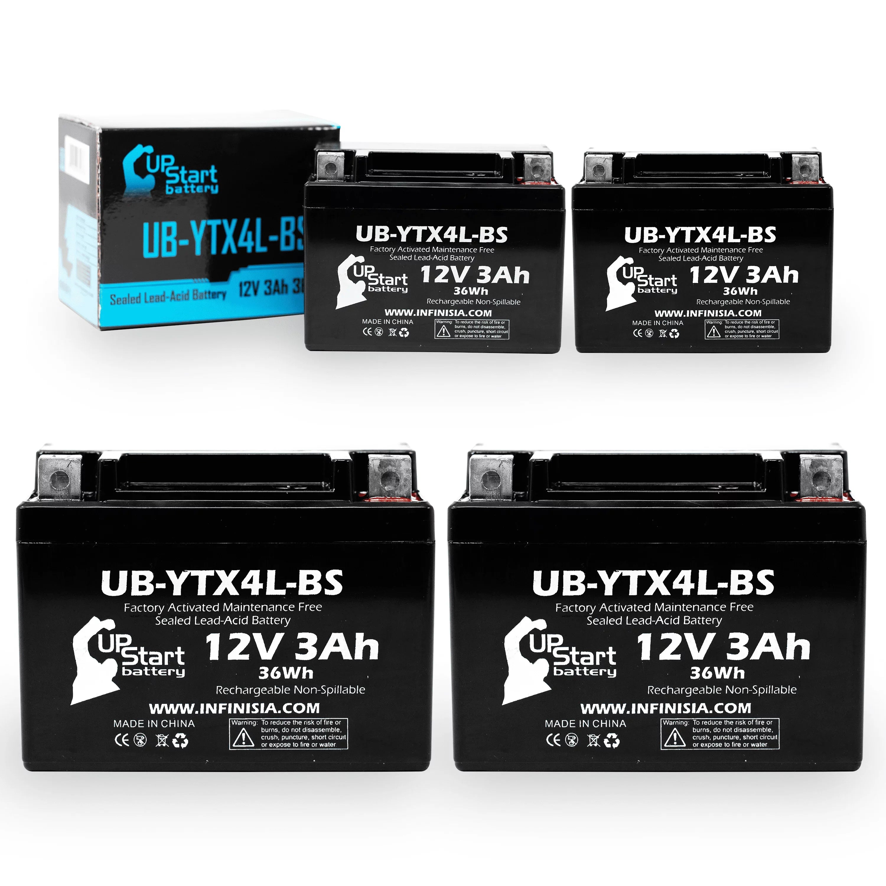 4-Pack UpStart Battery Replacement for 2004 Bombardier (Can-Am) DS90, DS90F, Quest 90CC Factory Activated, Maintenance Free, ATV Battery - 12V, 3Ah, UB-YTX4L-BS