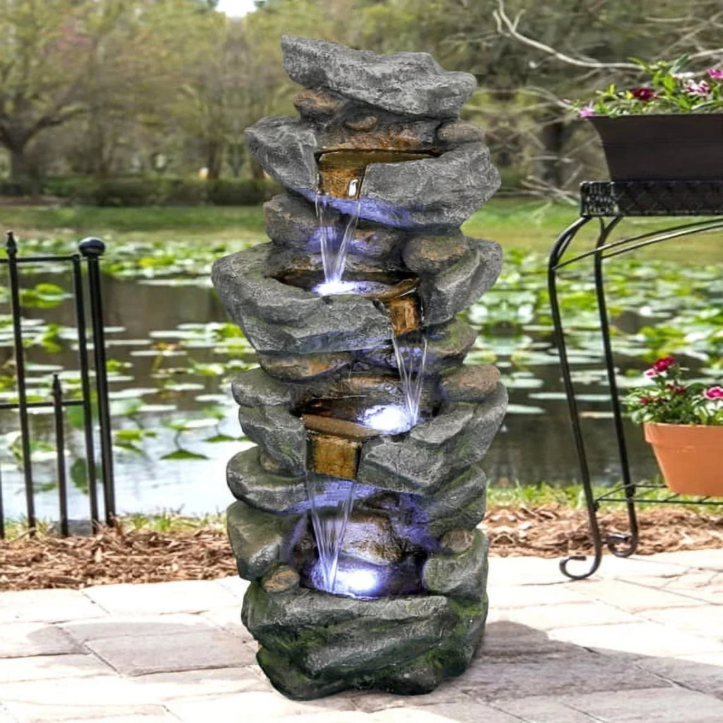 Fithood 40inches High Stacked SimuLatitudeed Rock Water Fountain with LED Lights