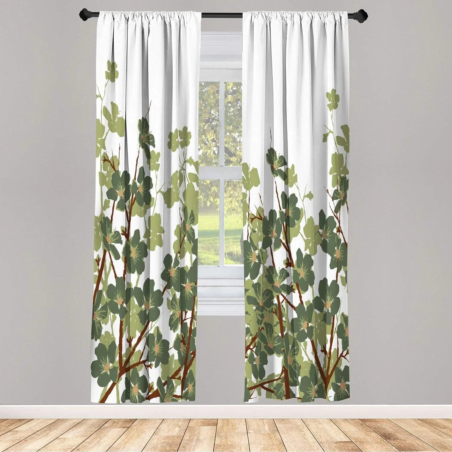 East Window Curtains, Japanese Cherry Blossoms Sakura Branches Spring Flower Garden Illustration, Lightweight Decorative 2-Panel Set & Rod Pocket, Pair Of - 28" X 84", Reseda Green