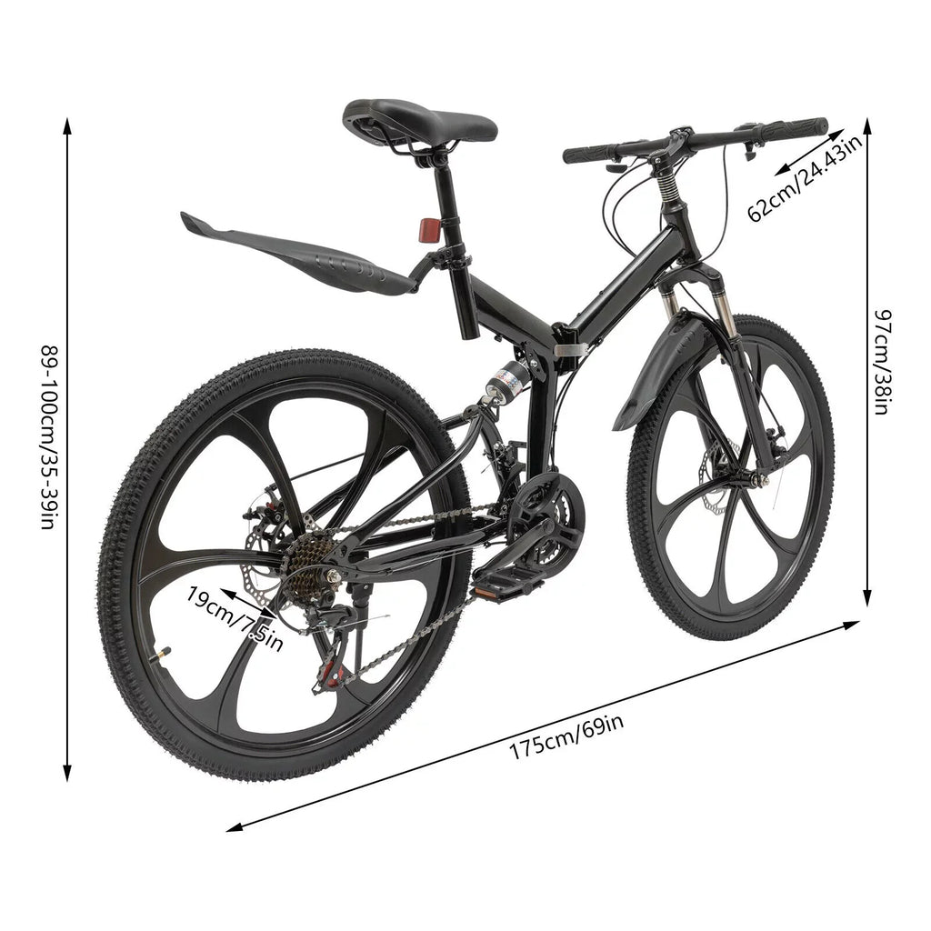 Miumaeov 26" Black Adult Folding Bike 21-Speed Shifter Folding City Bike Light Weight Carbon Steel Camping Bicycle Max Loading 150kg/330lbs