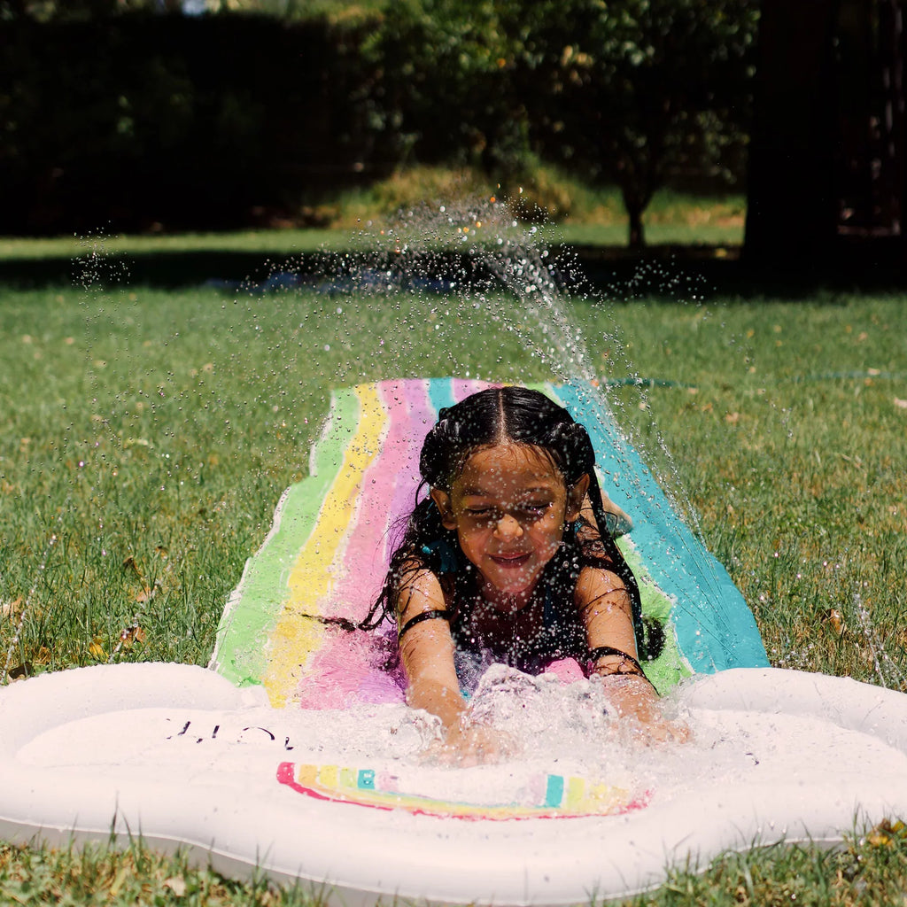 Rae Dunn: Splish Splash Rainbow Slide & Ride -16 Foot Water Slide Sprinkler, CocoNut Float, Durable Sliding Mat, Age 5+