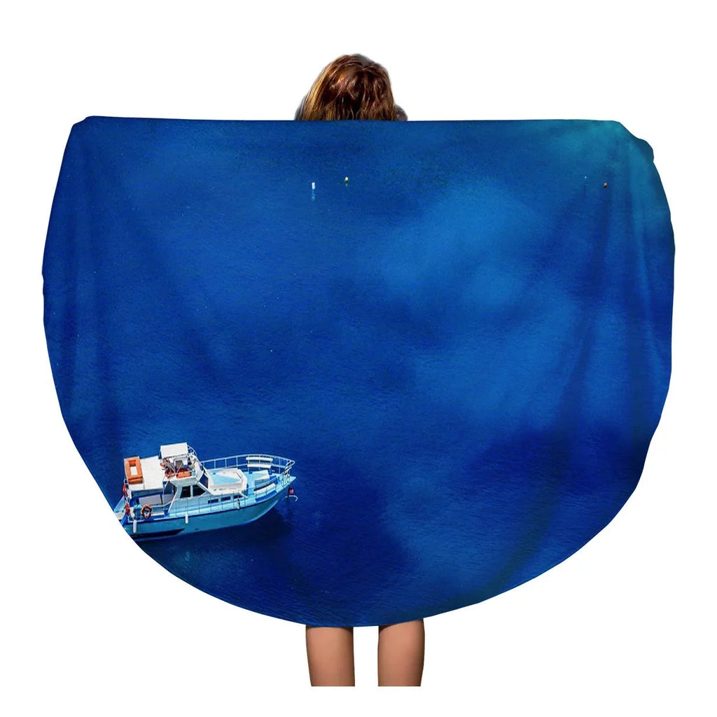 SIDONKU 60 inch Round Beach Towel Blanket Boats and Turquoise Water in The Blue Lagoon Travel Circle Circular Towels Mat Tapestry Beach Throw