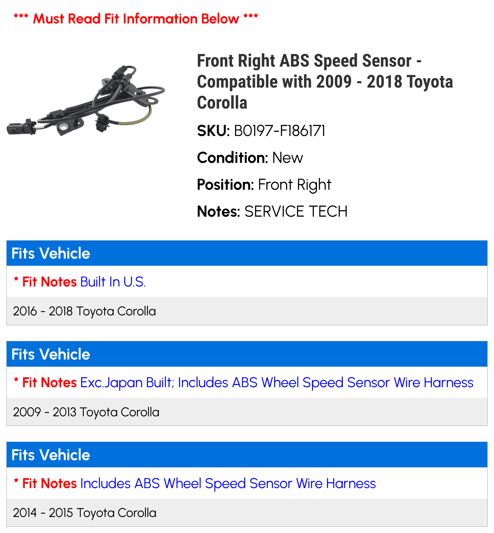 Front Right ABS Speed Sensor - Compatible with 2009 - 2018 Toyota Corolla 2010 2011 2012 2013 2014 2015 2016 2017