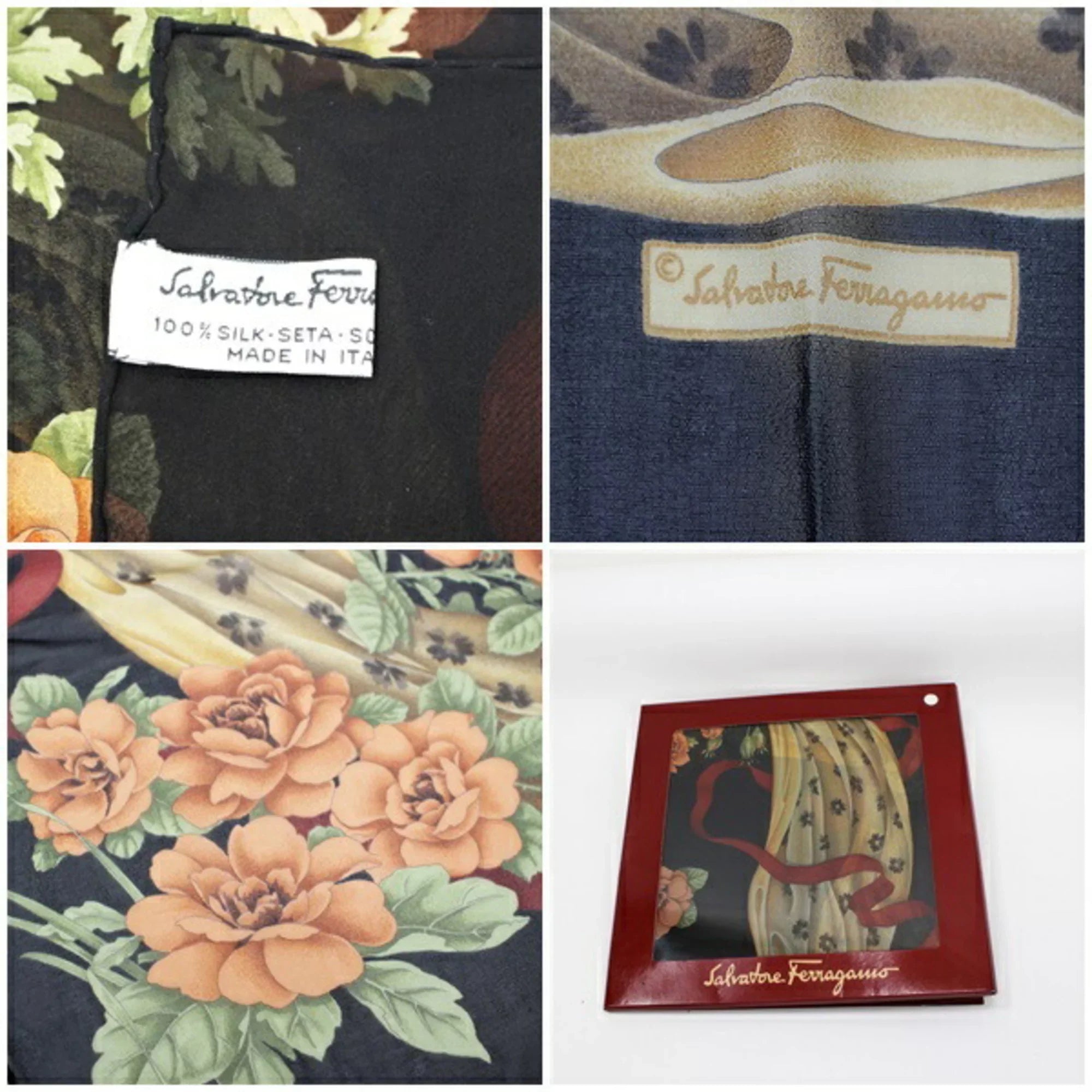 Pre-Owned Salvatore Ferragamo rectangle silk scarf muffler stole black SALVATORE FERRAGAMO ladies paper ribbon pattern (Like New)