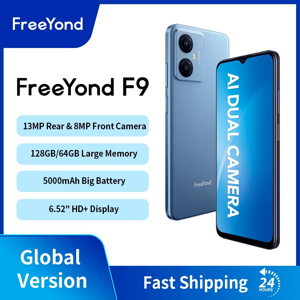 FreeYond F9 Smartphone, HD+6.52" Display Dual Sim, Battery 5000 MAh, 64GB/128GB Rom, Real Dual Camera 13+8MP With 2MP Macro(Blue)