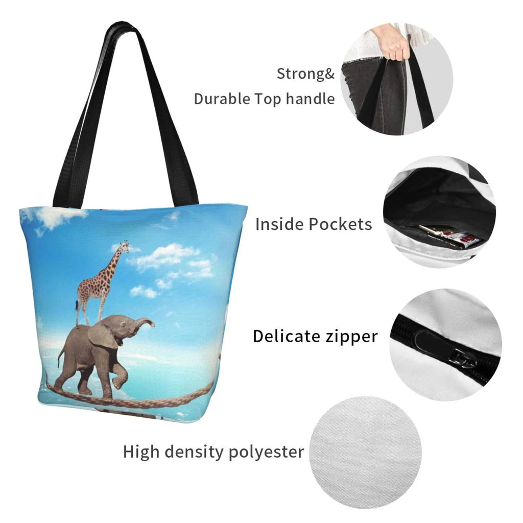 Lukts Elephant Giraffe Overcomes Fear By Walking On High Rope Tote Bag,Shoulder Bag Women'S Hobos Handbags Large Capacity Shopping Bag
