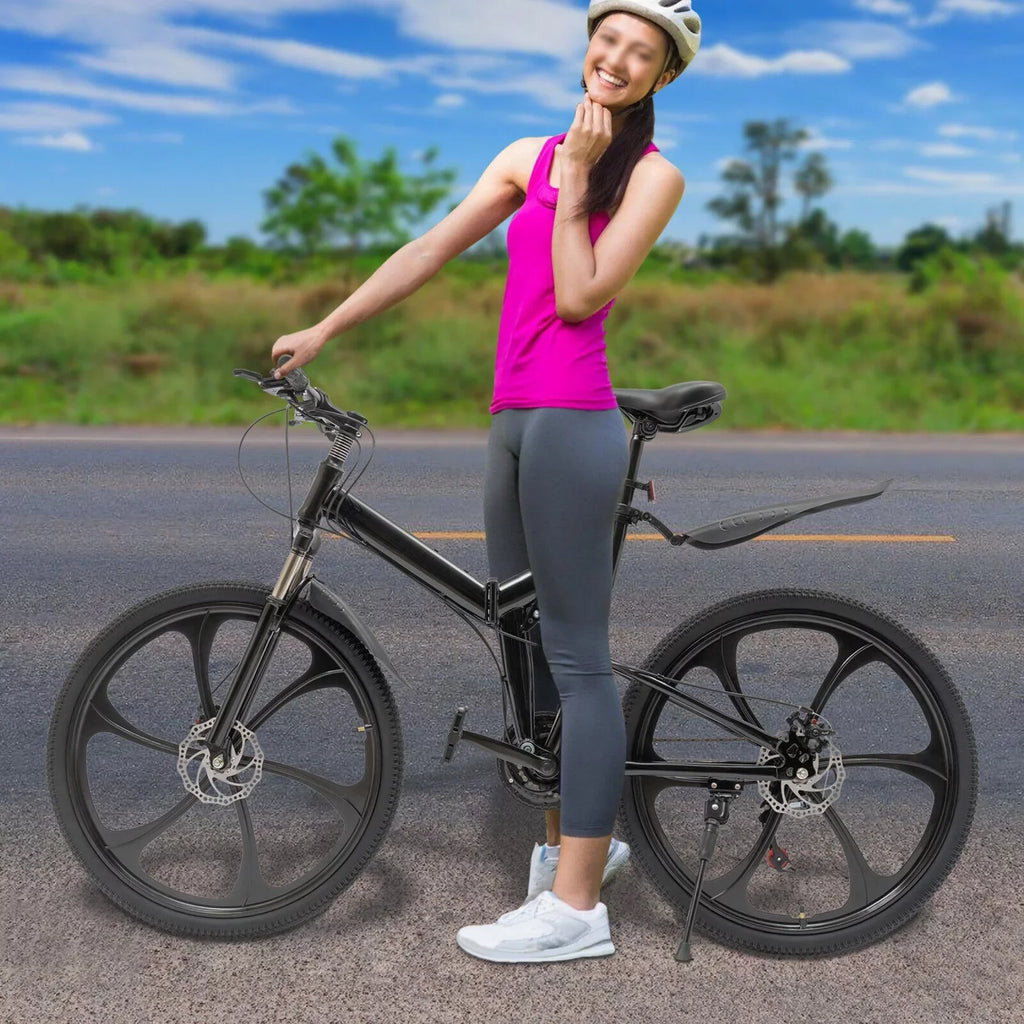 Miumaeov 26" Black Adult Folding Bike 21-Speed Shifter Folding City Bike Light Weight Carbon Steel Camping Bicycle Max Loading 150kg/330lbs