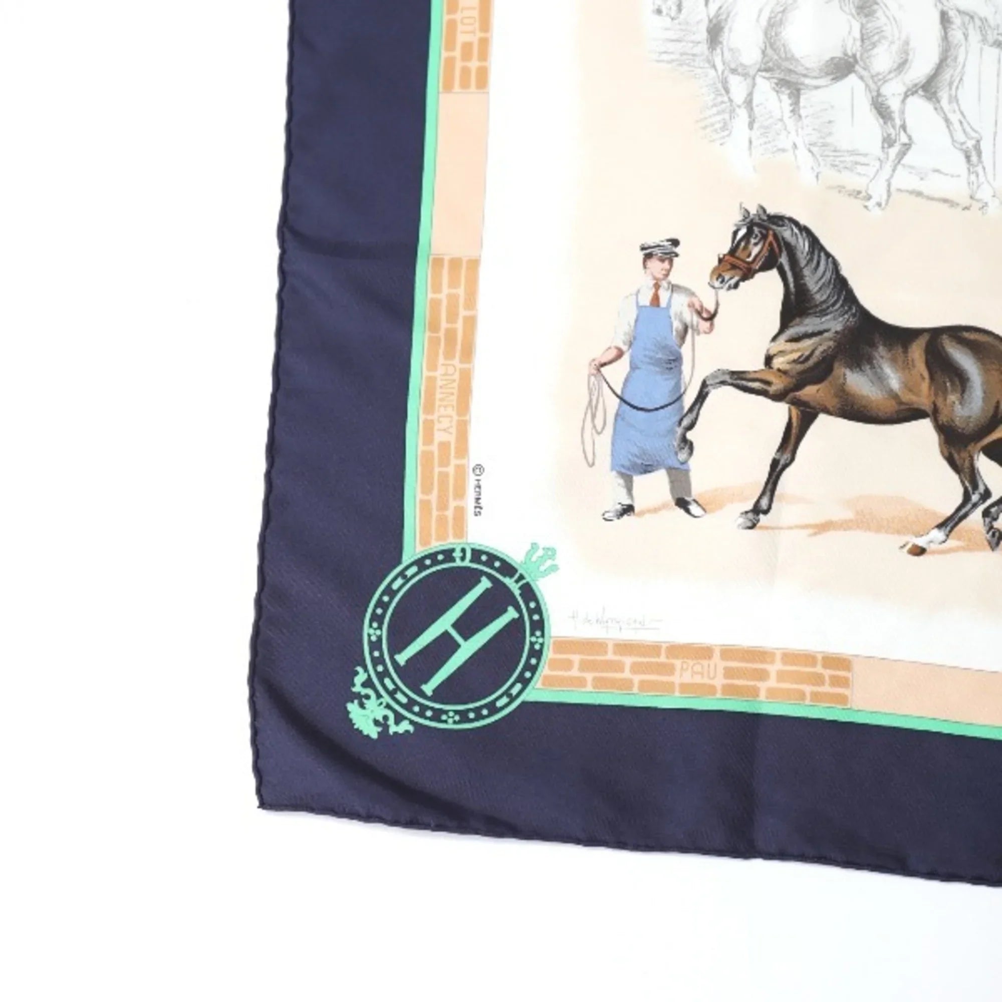 Pre-Owned HERMES LES HARAS NATIONAUX Kare90 Hermes Navy Scarf (Good)
