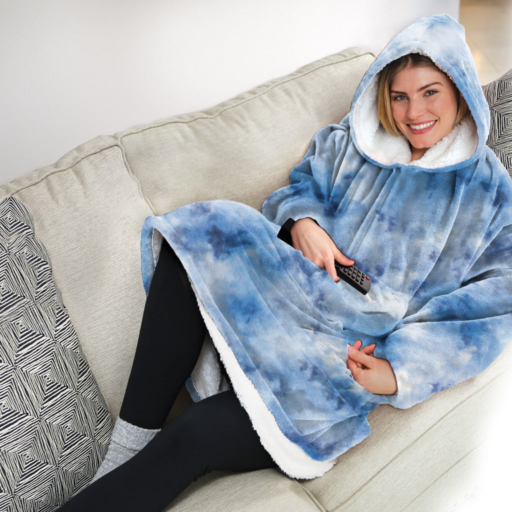 Huggle Hoodie, Fleece & Sherpa Wearable Blanket Hoodie, Blue Tie Dye