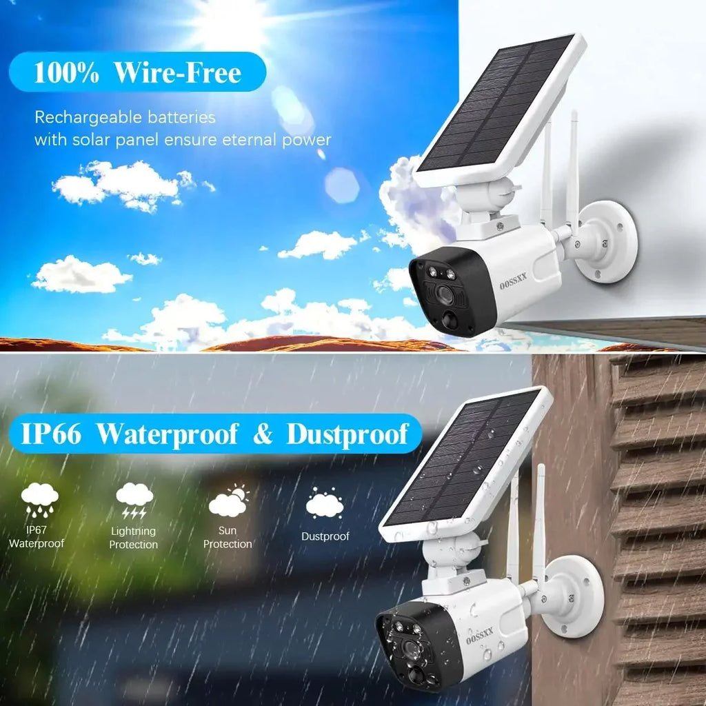 {100% Wire-Free Solar Powered} 2pcs camera system, 2-Way Audio with Dual Antennas, 2K 3.0MP Solar Powered Wireless Camera with Rechargeable Batteries