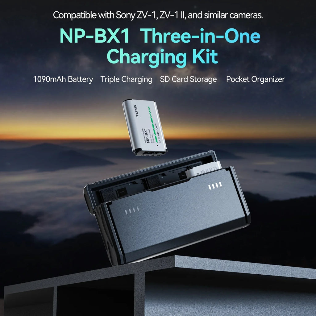 Dcenta Charging Case with TELESIN CMR-001 2pcs NP-BX1 Batteries + 3-Slot Battery: Compatible with  ZV-1/ RX100M6/ H400/ WX350/ RX100/ HX50/ HDR-PJ410/ FDR-X3000R/ HDR-CX405/ FDR-