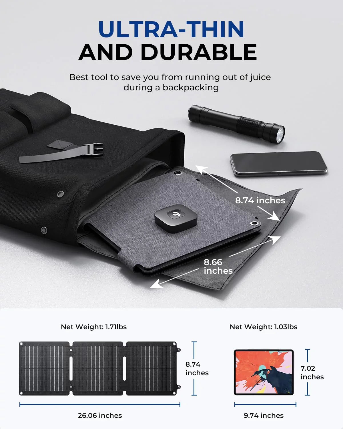 BigBlue 20W ETFE Solar Charger (5V/4A Max) with Kickstand, SolarPowa 20 Portable Solar Panel Charger with USB-A and USB-C, IP65 Waterproof, Compatible with iPhone, iPad, , LG etc.