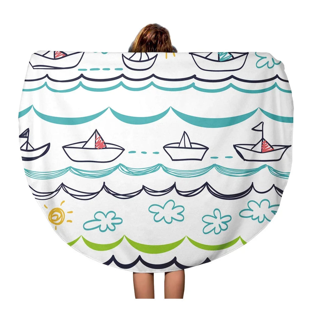 LADDKA 60 inch Round Beach Towel Blanket Blue Pattern White Boats Children Baby Abstract Cartoon Child Travel Circle Circular Towels Mat Tapestry Beach Throw