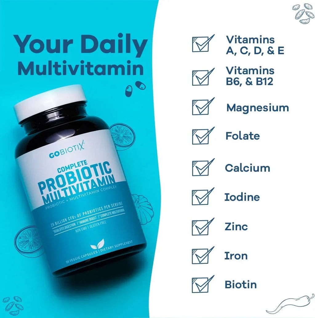 GoBiotix Probiotic Multivitamin | Daily Multivitamin with Probiotics | 25 Billion CFU | Immune Boost &amp; Digestive Health, Flora Probiotic for Women &amp; Men | Gluten Free ? 90 Veggie C