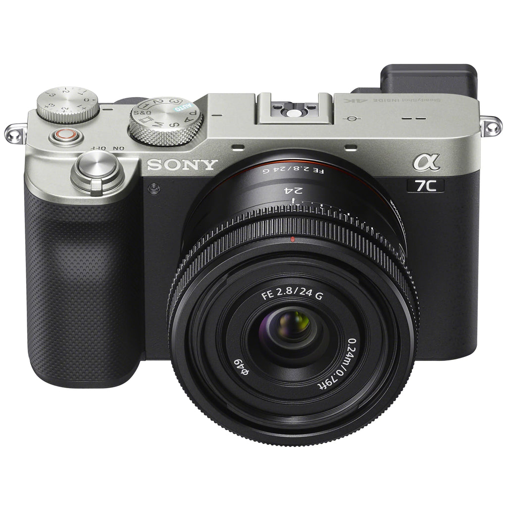 a7C Mirrorless Full Frame Camera Body with  FE 24mm F2.8 G Compact Lens SEL24F28G Silver ILCE7C/S Bundle with Deco Gear Photography Backpack Case + Microphone + LED + Monopod and Accessories