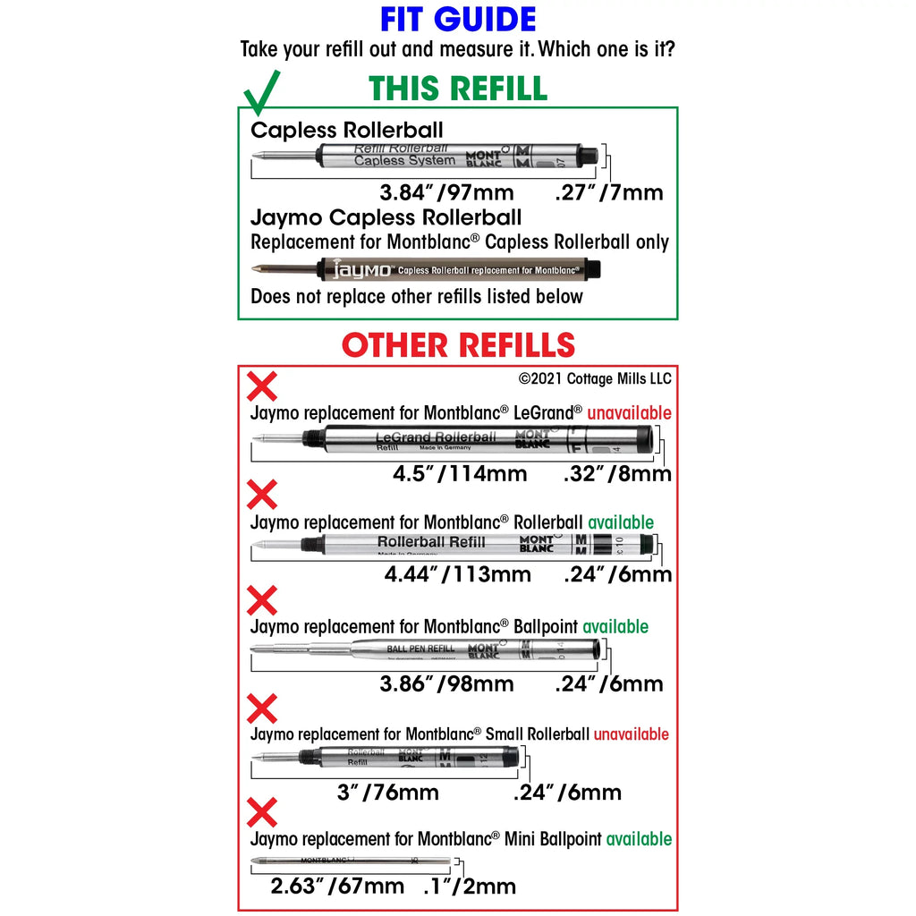 Jaymo Replacement for Montblanc 113778 - Measures 3.84 in / 97 mm Long - Capless Rollerball Pen Refill - 24 Blue