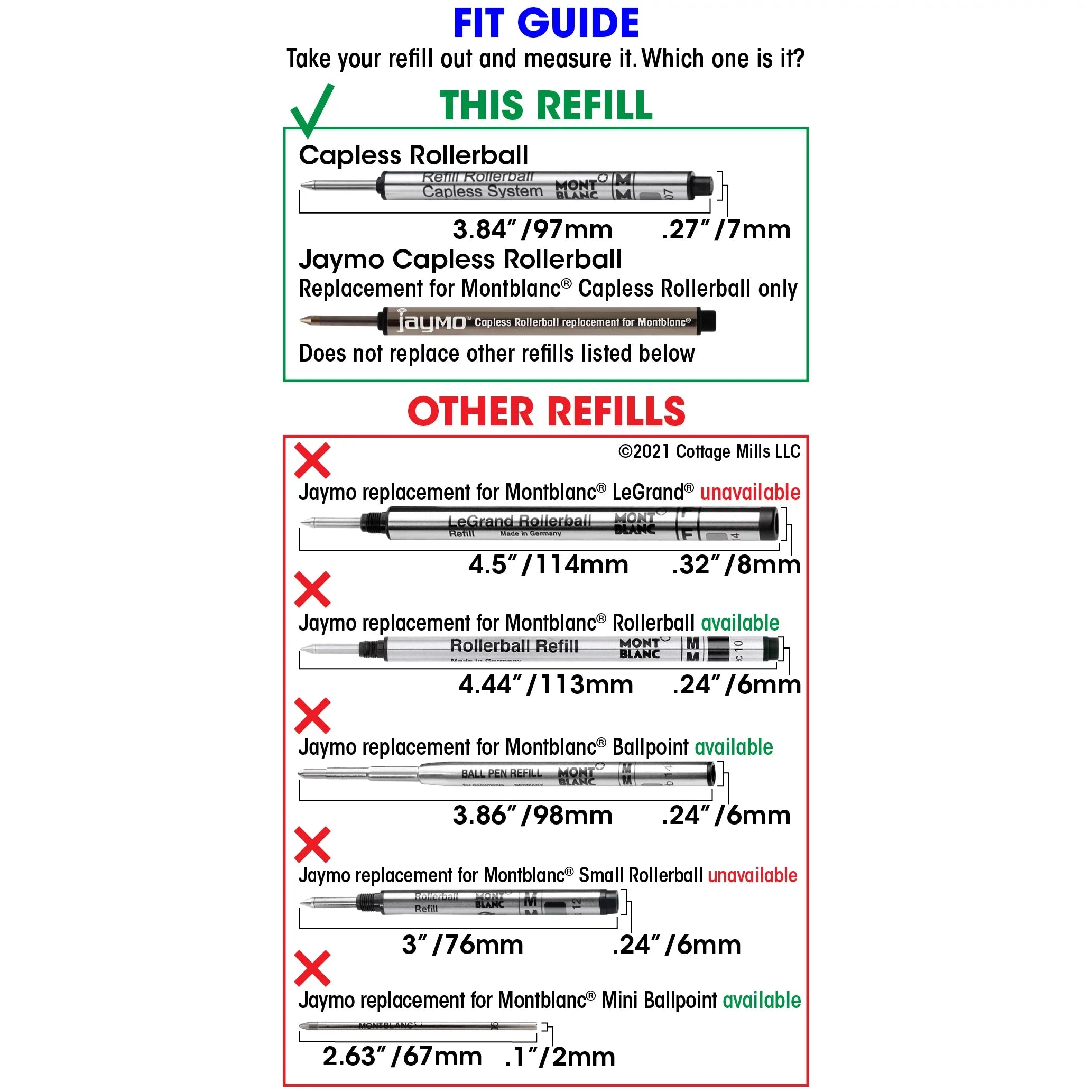Jaymo Replacement for Montblanc 113778 - Measures 3.84 in / 97 mm Long - Capless Rollerball Pen Refill - 24 Blue