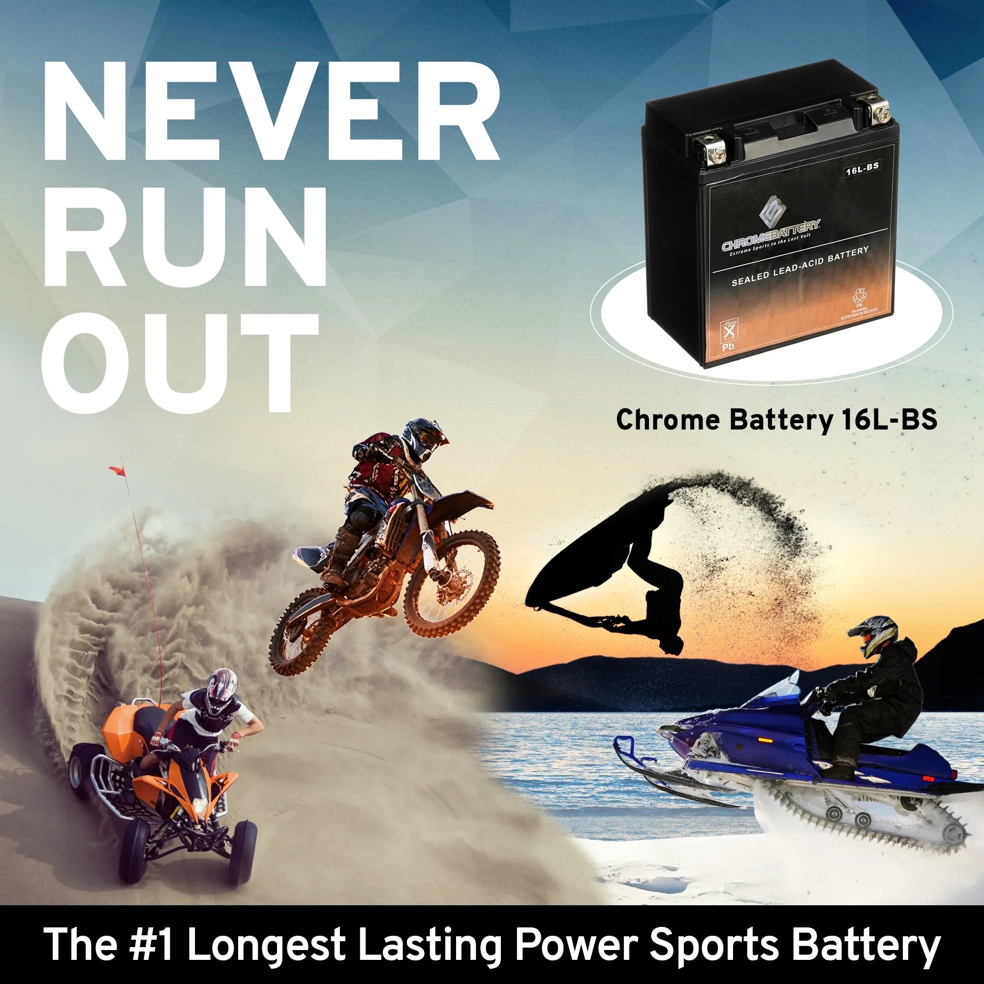 Chrome Battery YTX16L-BS (16L-BS 12 Volt,14 Ah, 230 CCA) Jet Ski Battery for Yamaha Wave Runner 2002