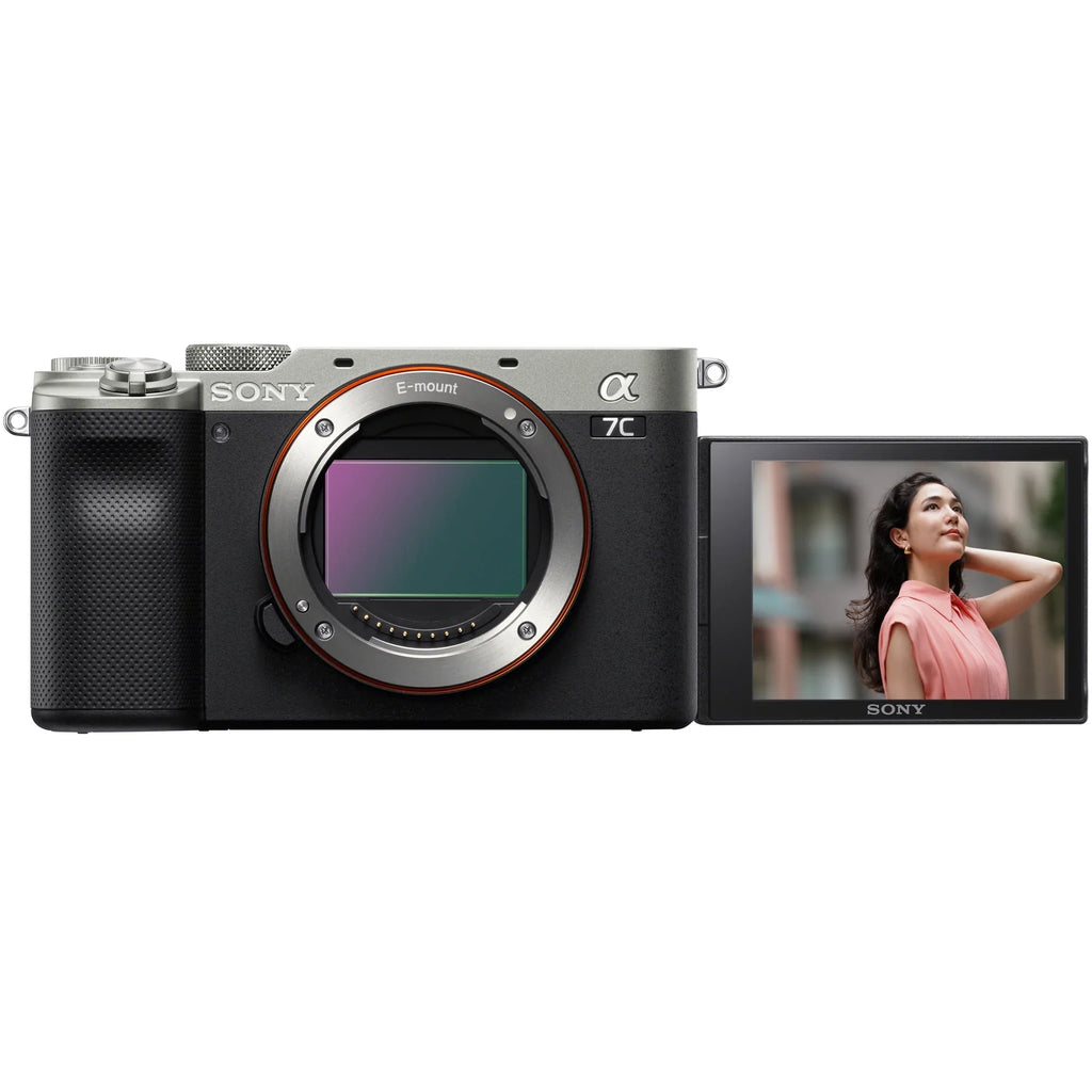 a7C Mirrorless Full Frame Camera Body with  FE 24mm F2.8 G Compact Lens SEL24F28G Silver ILCE7C/S Bundle with Deco Gear Photography Backpack Case + Microphone + LED + Monopod and Accessories