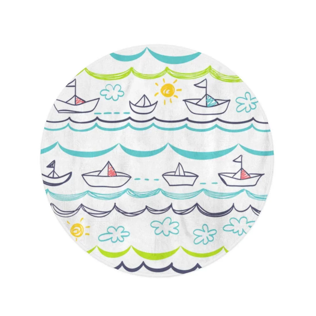 LADDKA 60 inch Round Beach Towel Blanket Blue Pattern White Boats Children Baby Abstract Cartoon Child Travel Circle Circular Towels Mat Tapestry Beach Throw