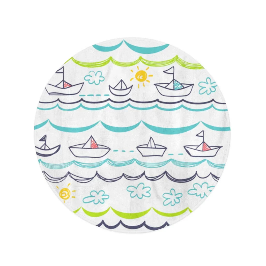 LADDKA 60 inch Round Beach Towel Blanket Blue Pattern White Boats Children Baby Abstract Cartoon Child Travel Circle Circular Towels Mat Tapestry Beach Throw