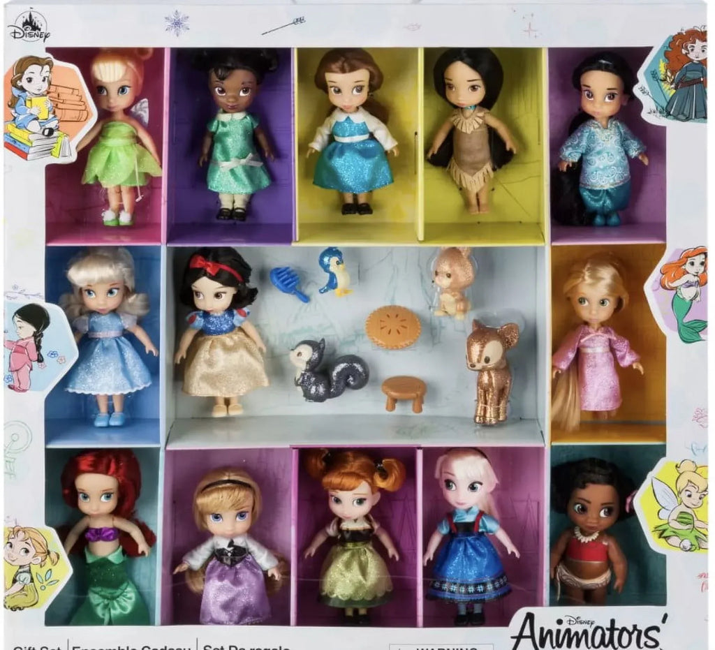 Disney Animators' Collection Mini Doll Gift Set  5'' NEW 2021 EDITION With Tinker Bell, Tiana, Belle, Pocahontas, Jasmine, Cinderella, Snow White, Rapunzel, Ariel, Aurora, Anna, Elsa, and Moana