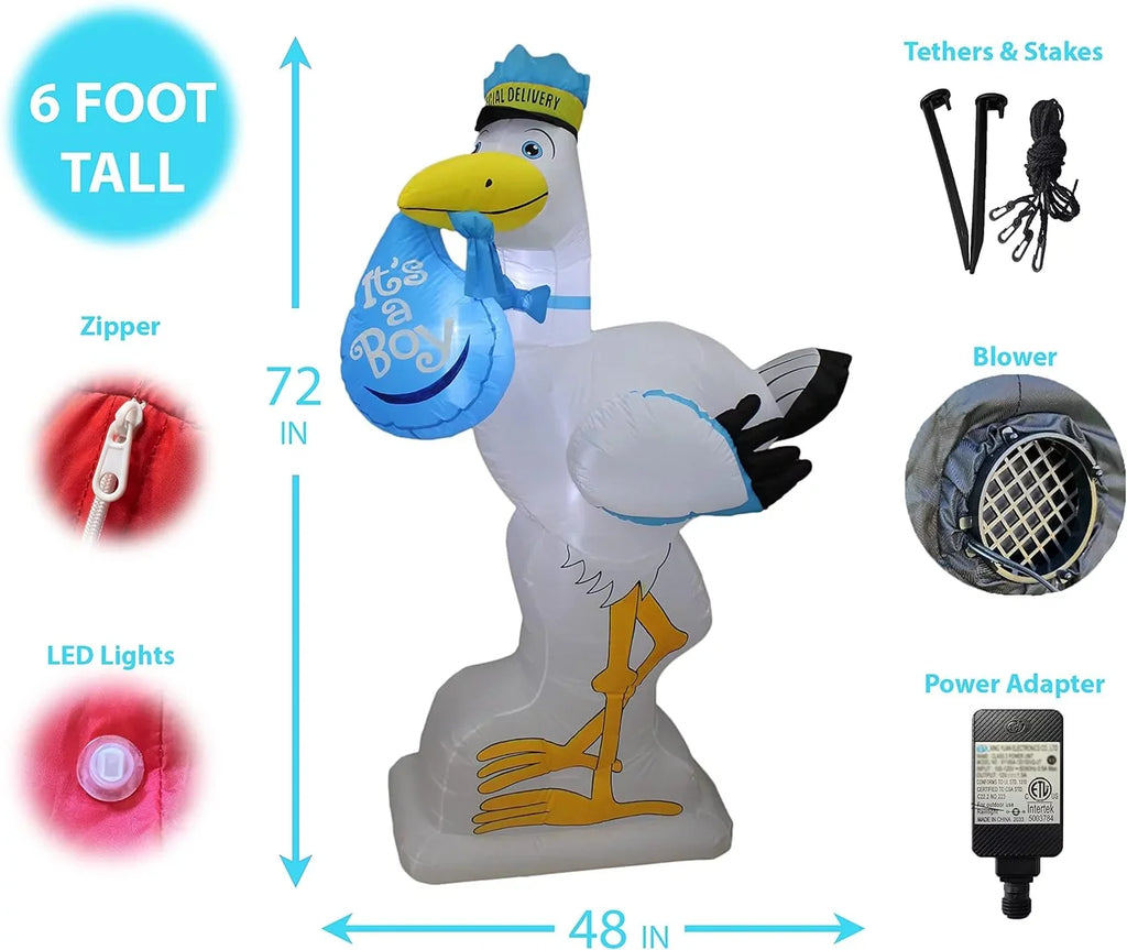 6 Foot Tall Baby Shower InfLatitudeable Blue Stork It's A Boy Special Delivery Baby Announcement LED Lights Lighted Blowup Party Decoration For Outdoor Indoor Home Celebration Garden Yard Lawn Prop