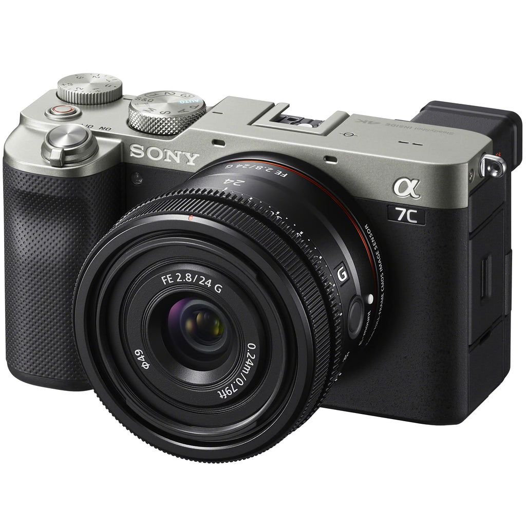 a7C Mirrorless Full Frame Camera Body with  FE 24mm F2.8 G Compact Lens SEL24F28G Silver ILCE7C/S Bundle with Deco Gear Photography Backpack Case + Microphone + LED + Monopod and Accessories