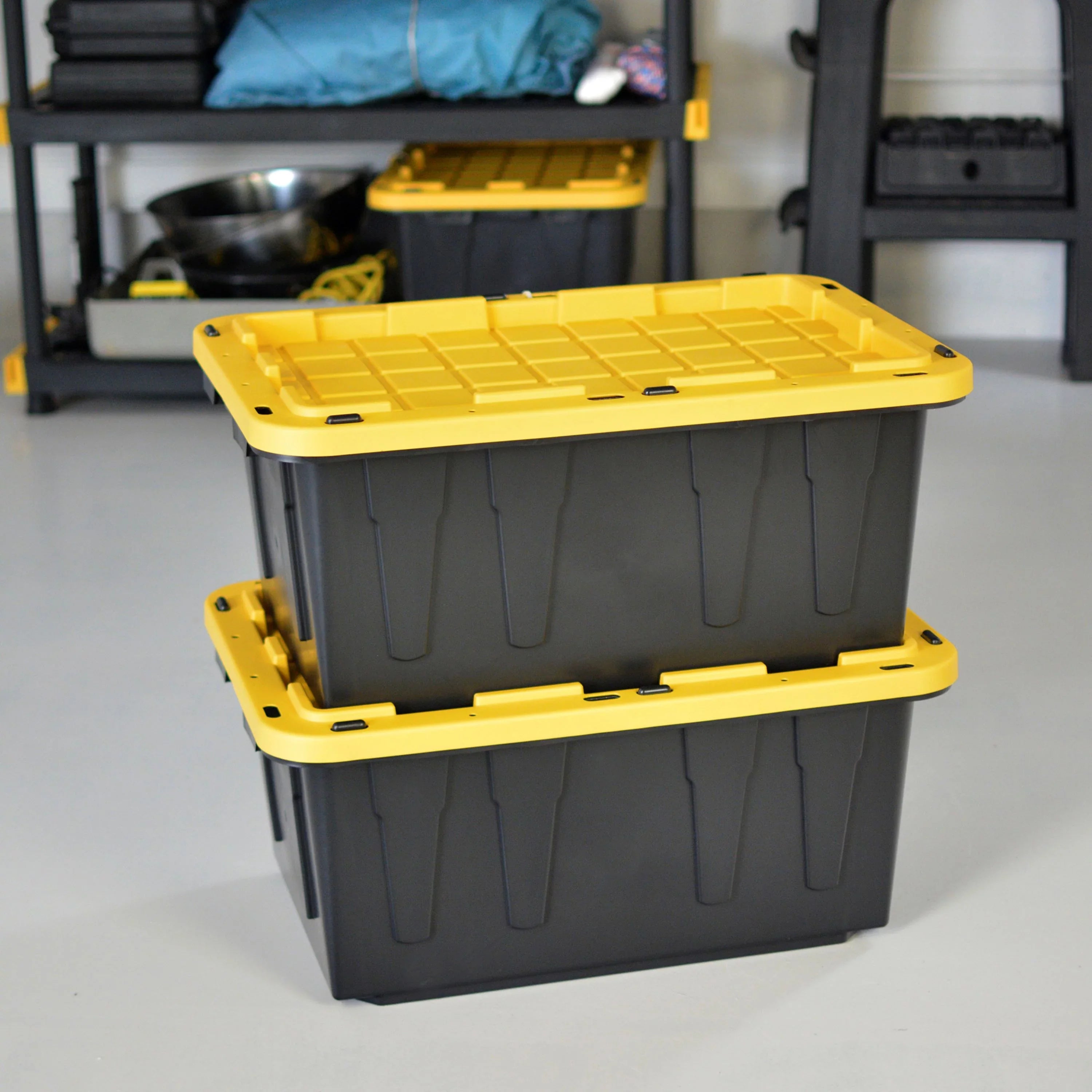 Tough Box 17 Gallon Stackable Snap Lid Plastic Storage Container, Black with Yellow Lid, Set of 4