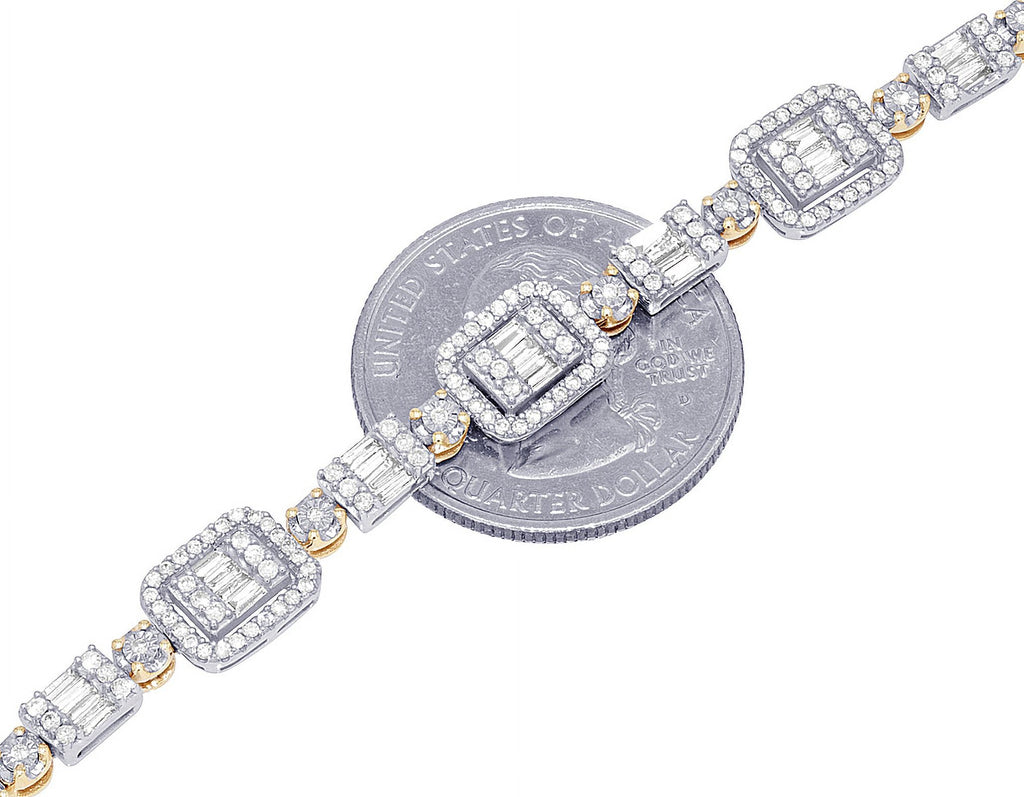 Baguette Cluster Halo 1.30 CT Diamond Illusion n Toni Set Bracelet Yellow-White Gold 3MM 7"